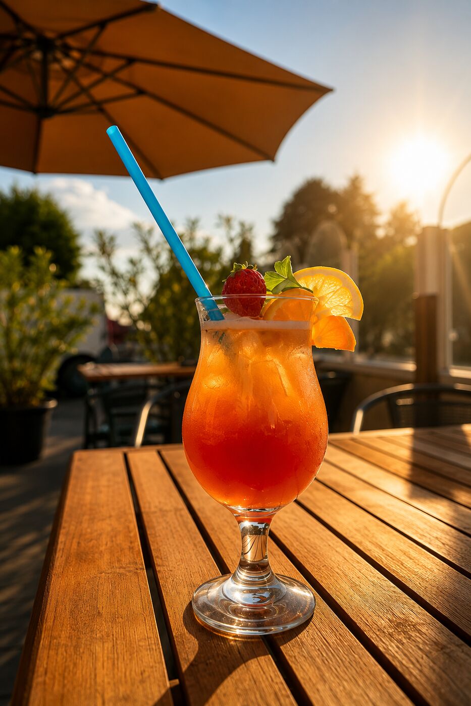 Cocktail fruité au soleil couchant, servi en terrasse sous le parasol