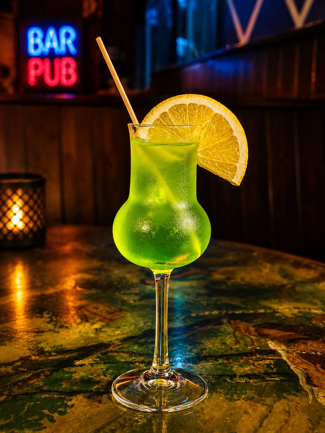 Cocktail vert maison dans son verre tulipe, rondelle de citron, à la lueur d'une bougie