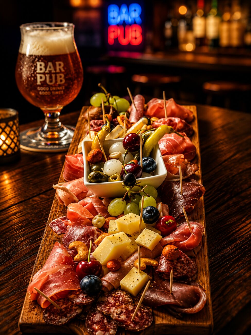 Planche de charcuterie et fromages accompagnée d'une bière pression