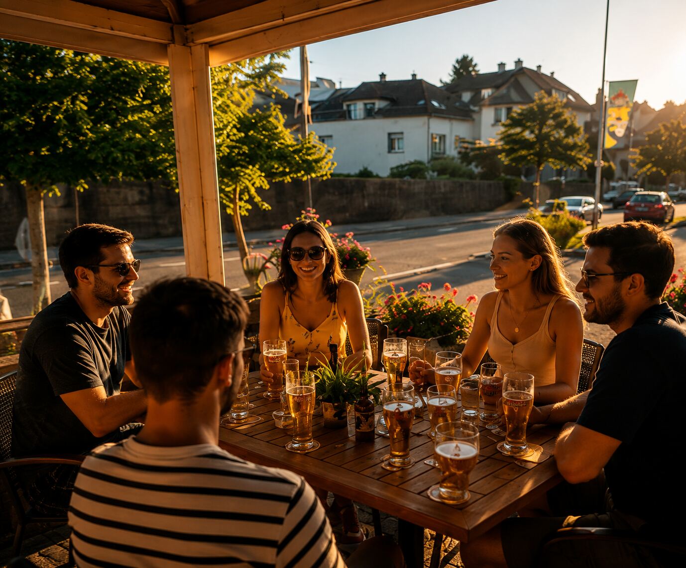 Groupe d'amis trinquant à la bière en terrasse au coucher du soleil